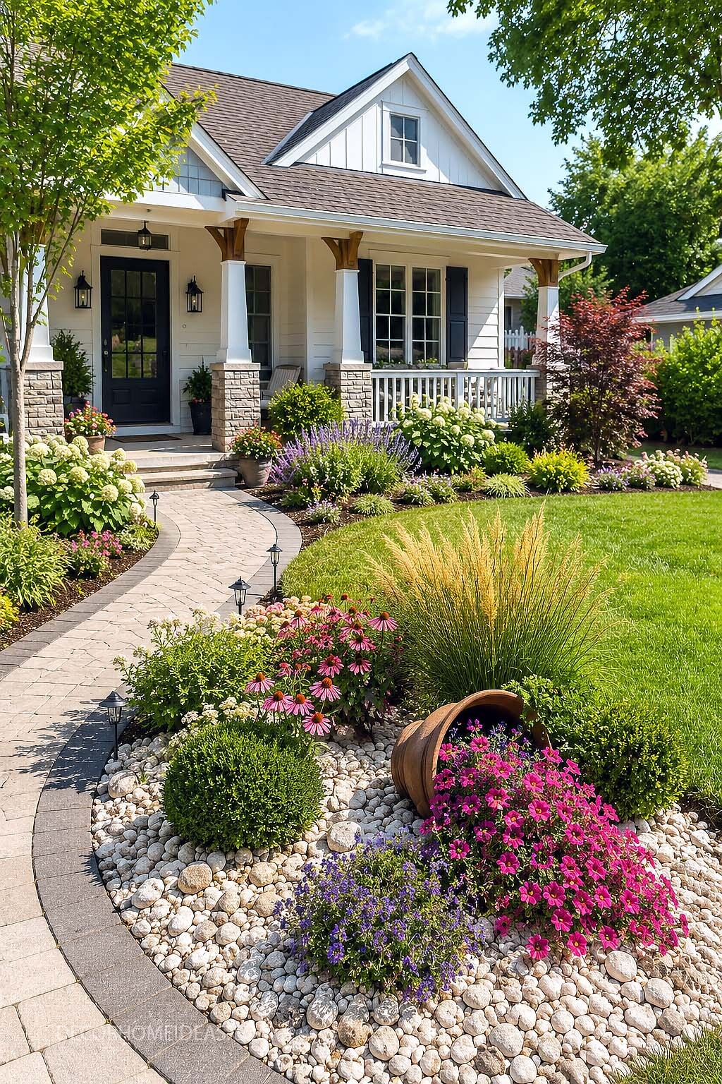 Bright Front Yard Garden with Curved Walkway and Colorful Flower Beds