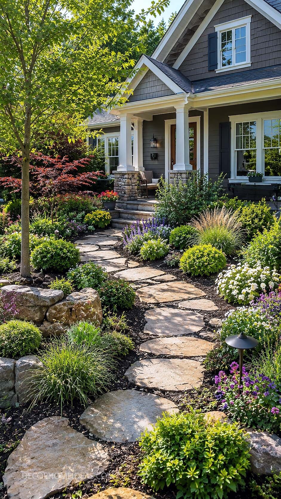 Charming Front Yard Garden Path with Lush Cottage Landscaping