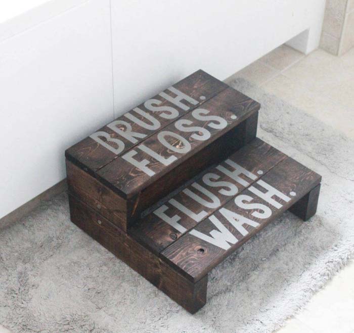 Brush Floss Flush Wash Wooden Step Stool #decorhomeideas