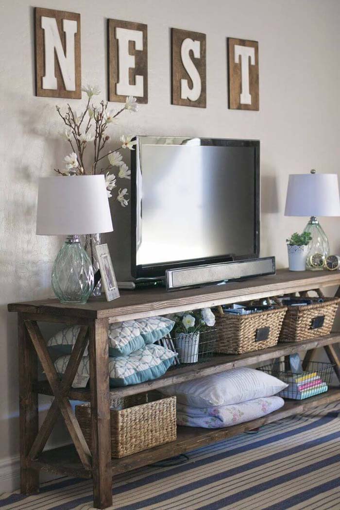 Nest Sign, Rattan Baskets, and TV Table #decorhomeideas