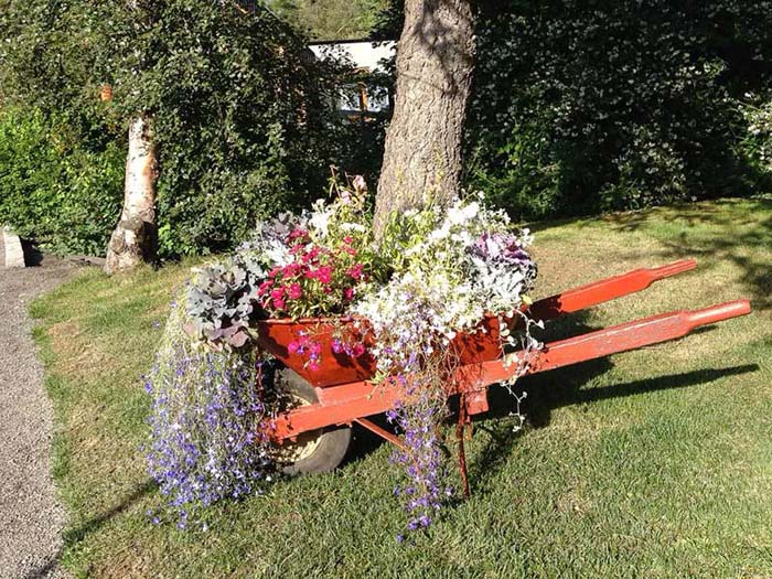 Rust Red Wheelbarrow with Long, Flowing Plants #decorhomeideas