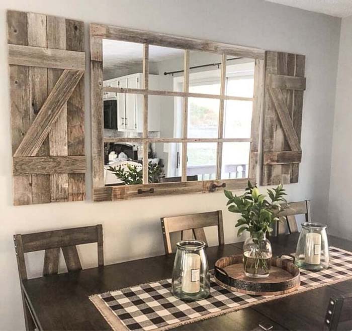 Rustic Barn Wood Shutters and Window Mirror #decorhomeideas