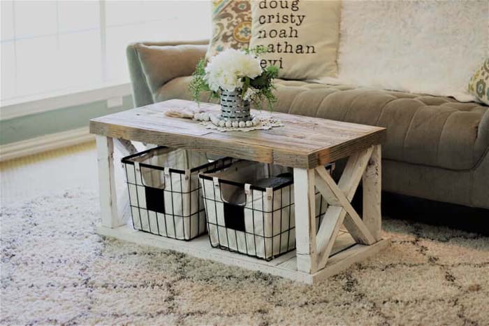 Rustic Farmhouse Coffee Table with Storage Bins #decorhomeideas