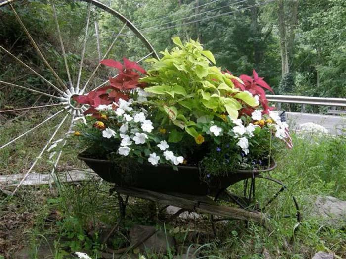 Wheels, Spokes, and Plants with White Blooms #decorhomeideas