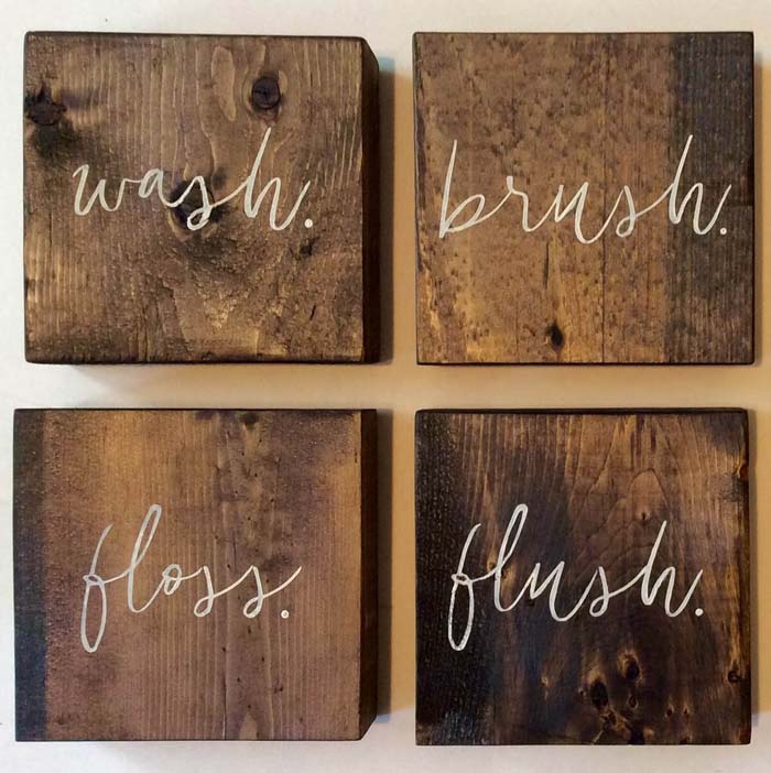 Wood Block Wash Brush Floss Flush Signs #decorhomeideas