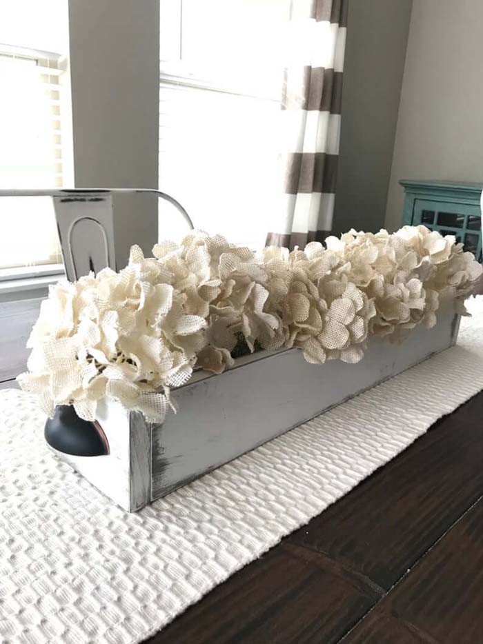 Wooden Flower Box of Burlap Hydrangeas #decorhomeideas