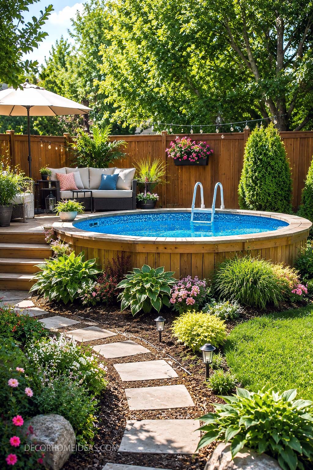 Above Ground Pool Backyard Oasis With Lush Garden Landscaping
