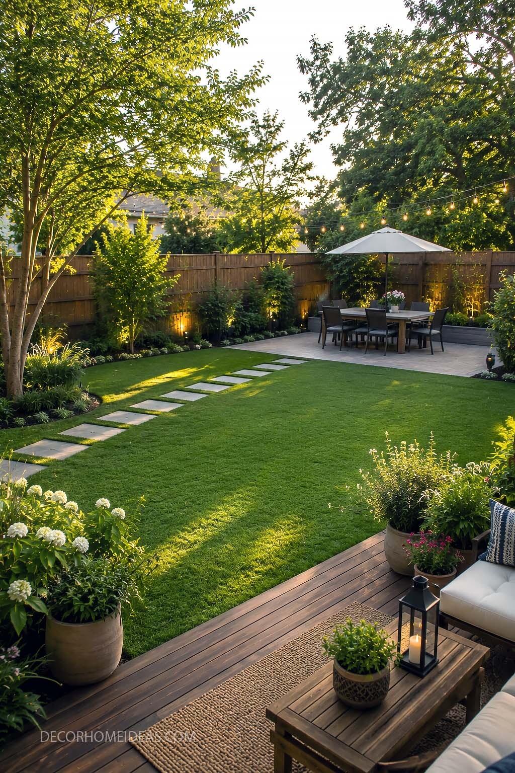 Backyard Turf Landscaping Idea With Patio Dining and Cozy Deck