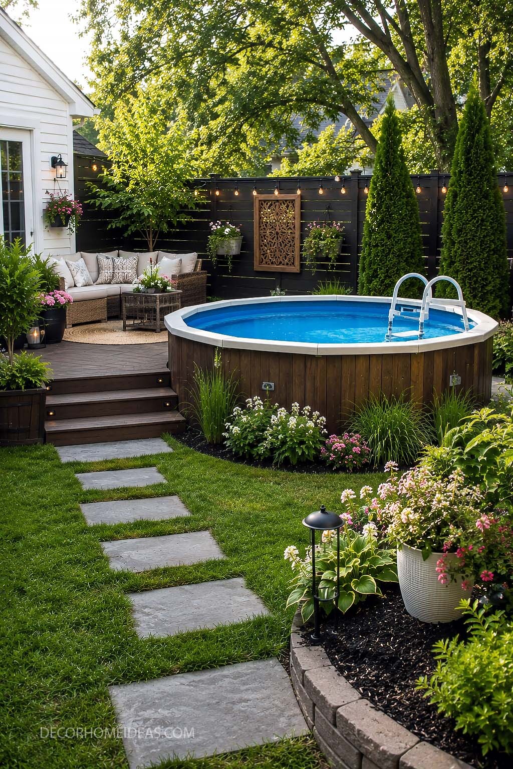 Beautiful Above Ground Pool Backyard With Cozy Deck Seating