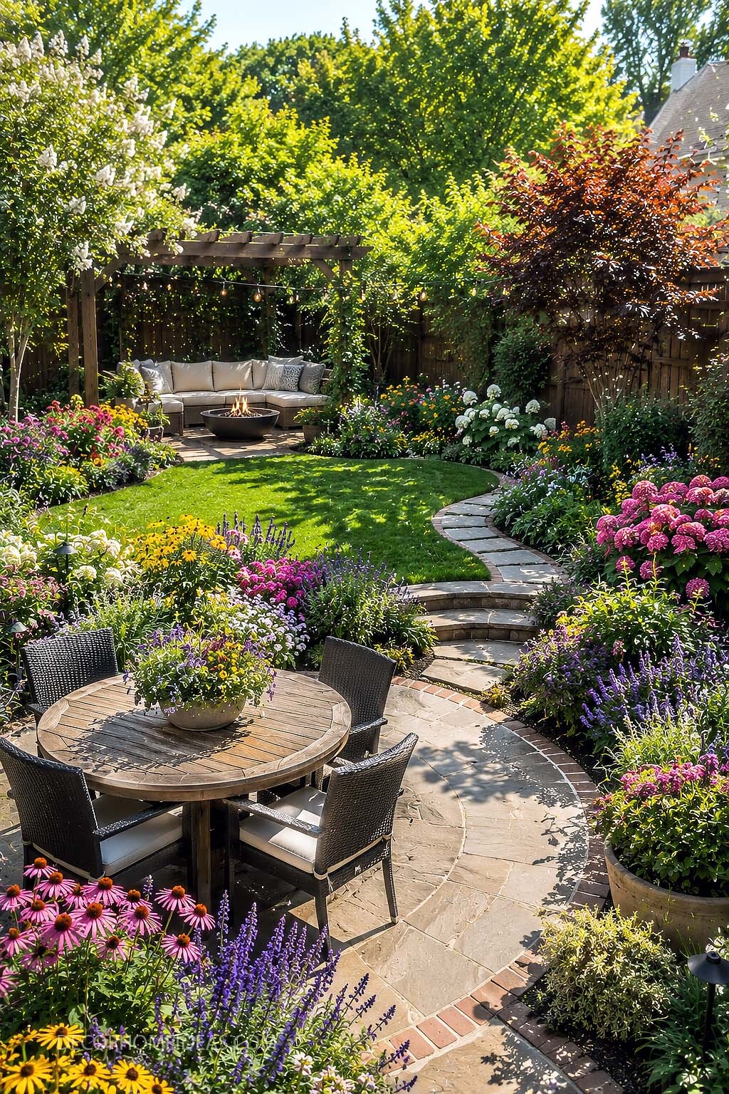 Colorful Backyard Garden Patio with Fire Pit Lounge and Dining Area