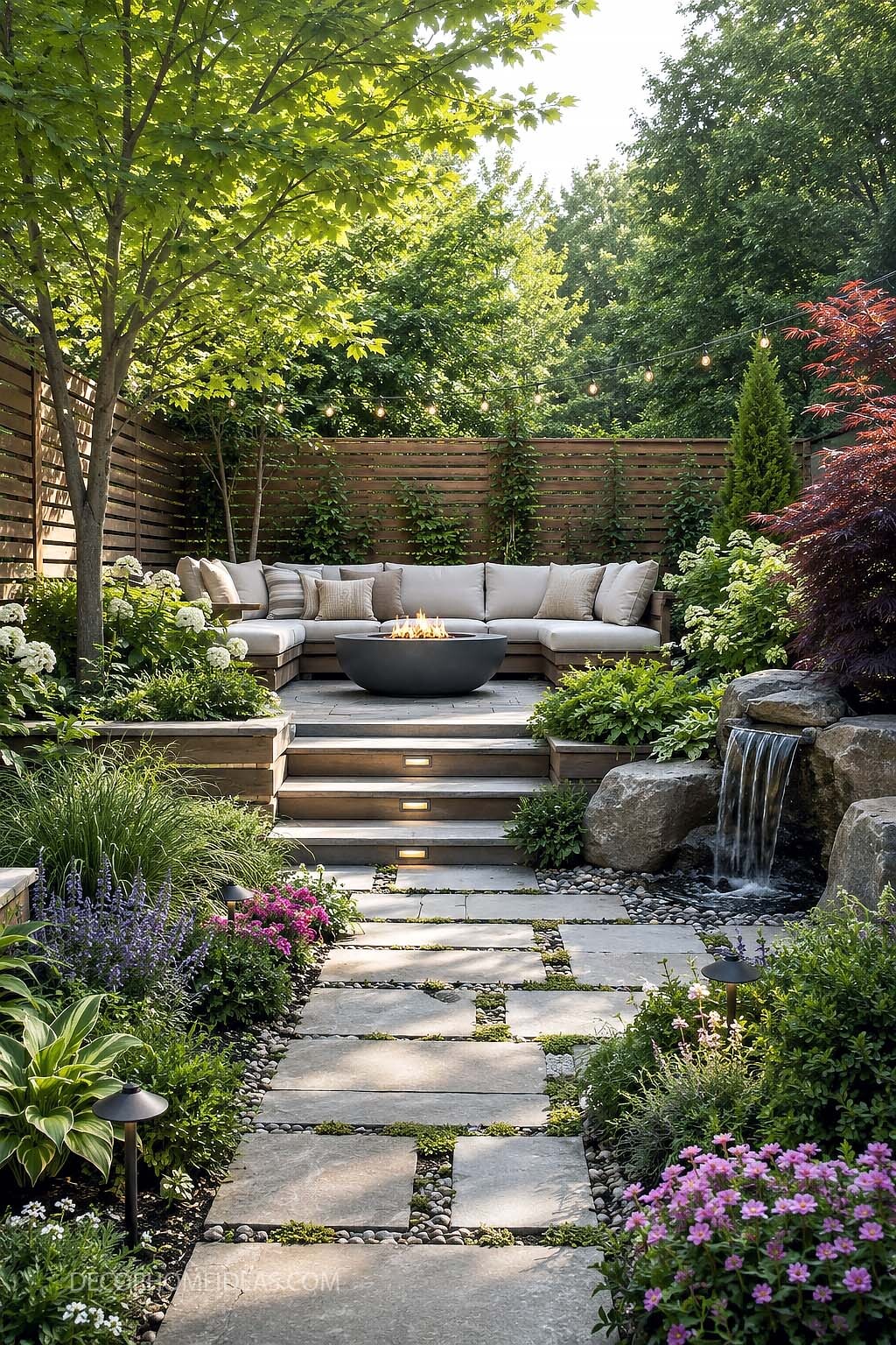 Cozy Backyard Patio with Fire Pit, Waterfall and Lush Garden Landscaping