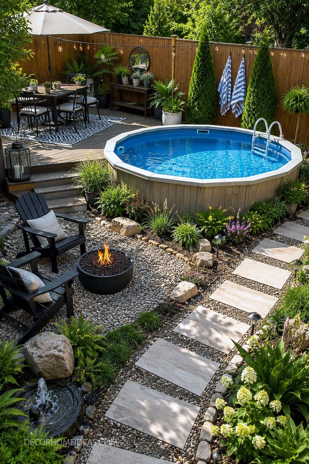 Dreamy Above Ground Pool Backyard With Fire Pit and Garden Path
