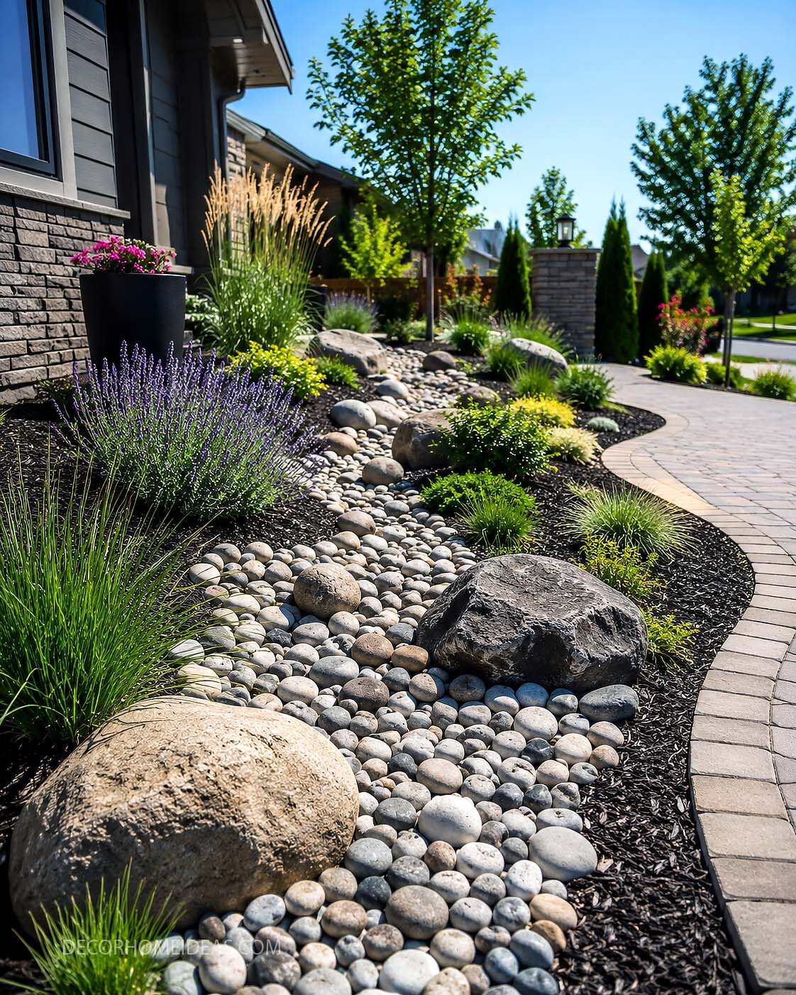 Low Maintenance Front Yard River Rock Landscaping with Boulder Accents