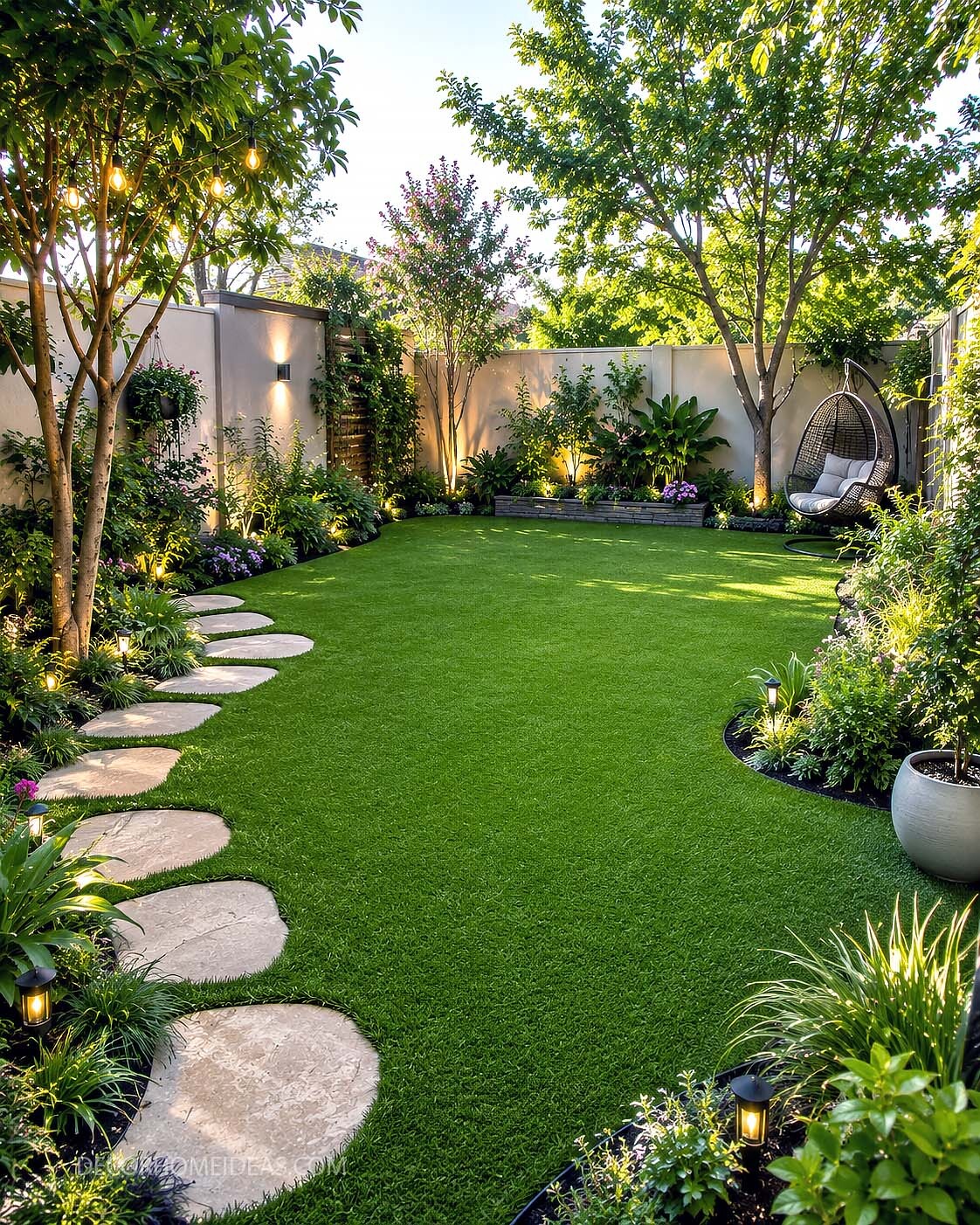 Lush Backyard Turf Landscaping Idea With Garden Lighting