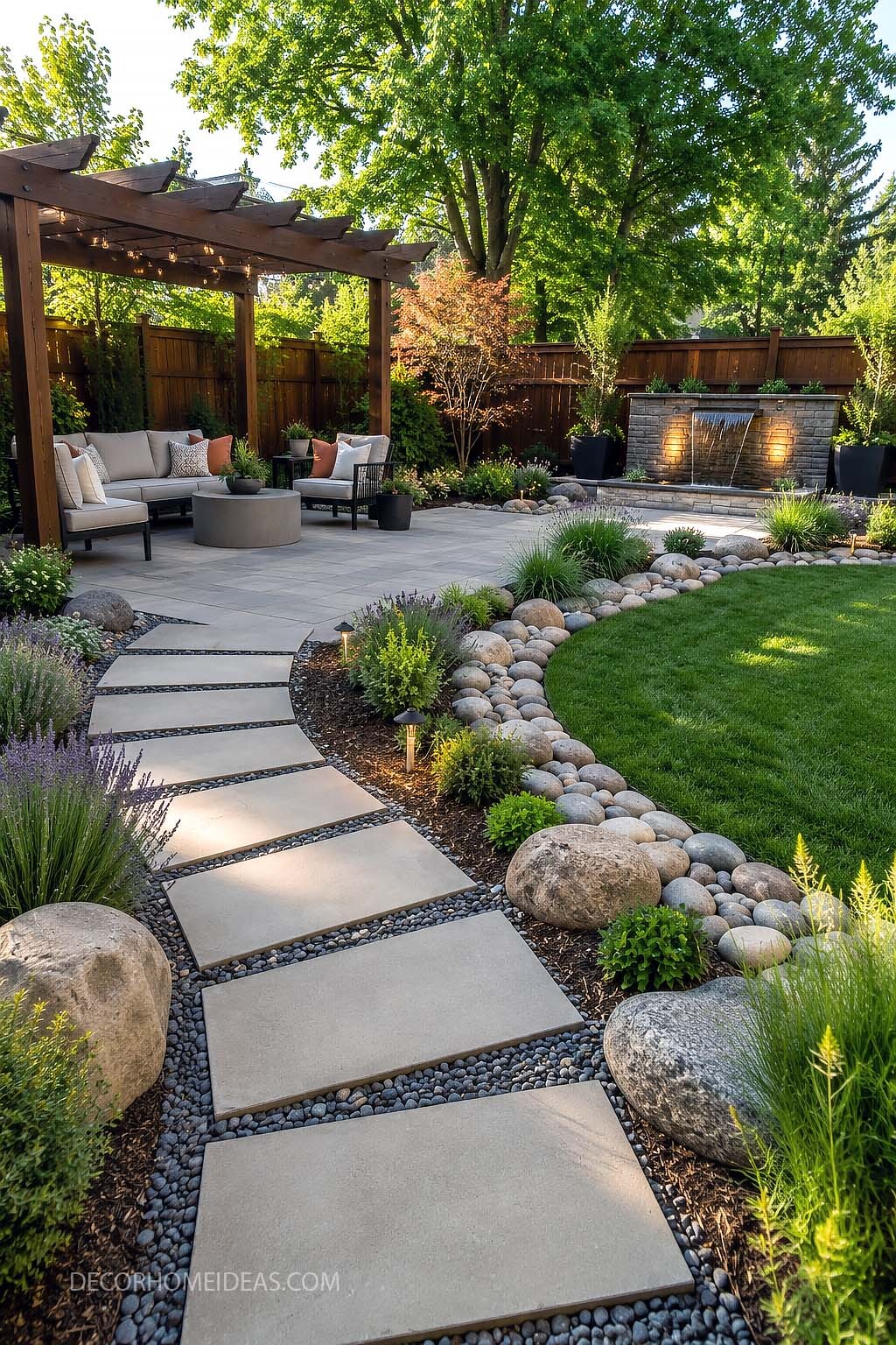Modern Backyard Patio with Pergola Seating and Water Feature