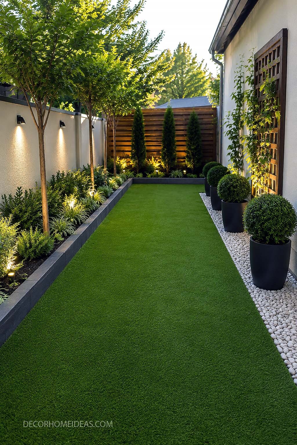 Narrow Backyard Turf Idea With Modern Garden Lighting