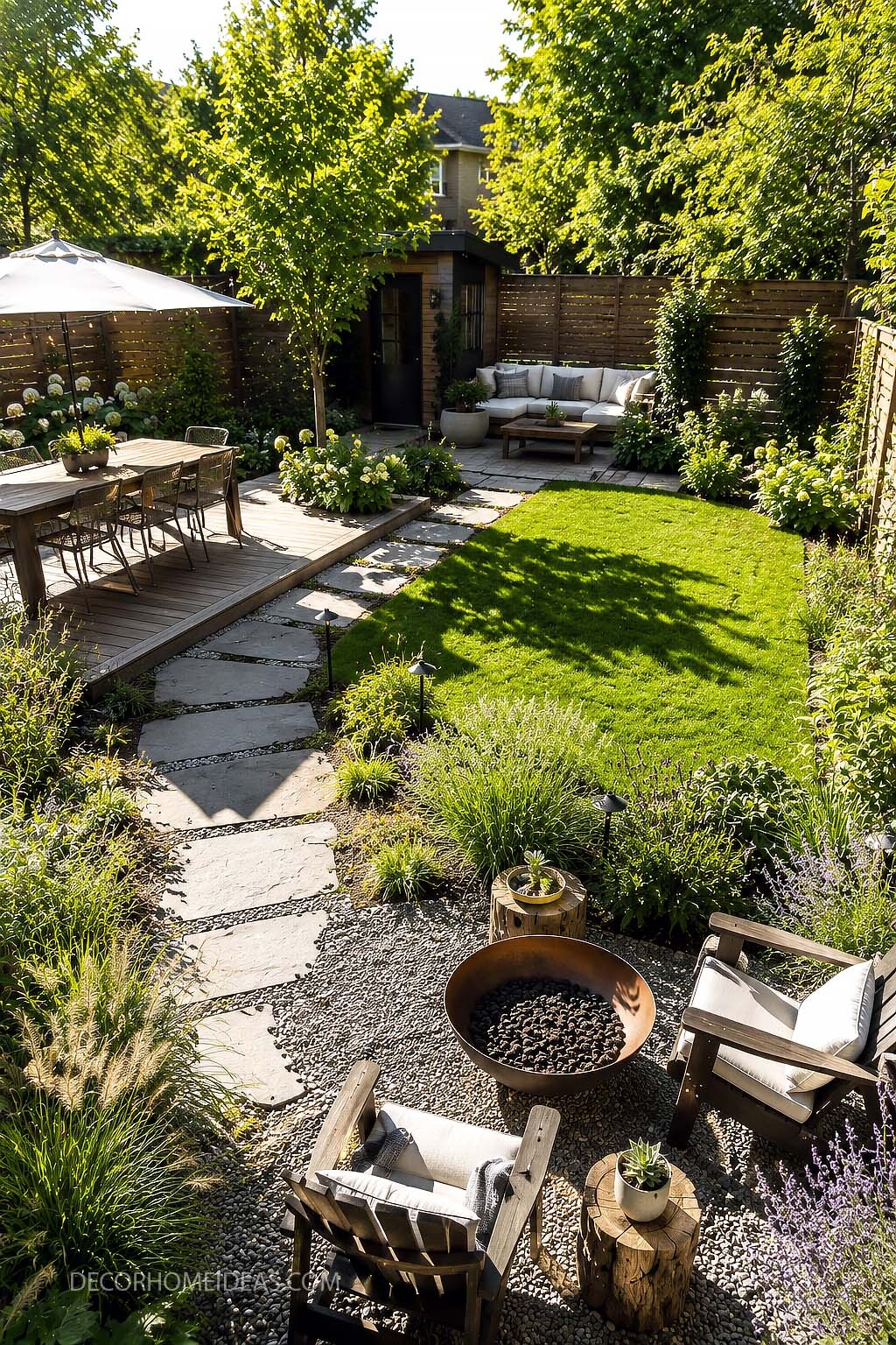 Private Backyard Garden with Fire Pit Seating and Outdoor Dining Deck