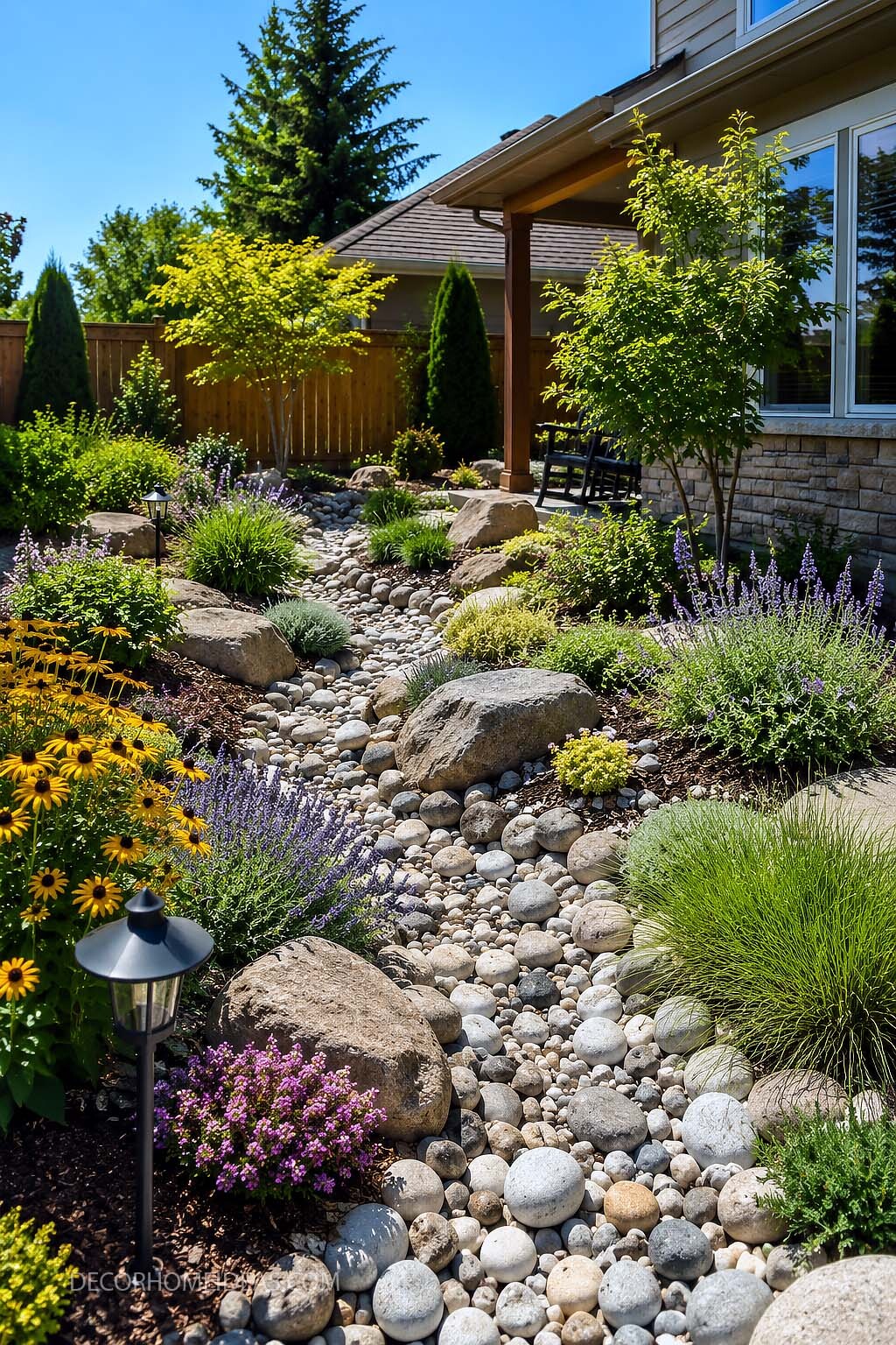 River Rock Dry Creek Bed Landscaping with Colorful Garden Plants