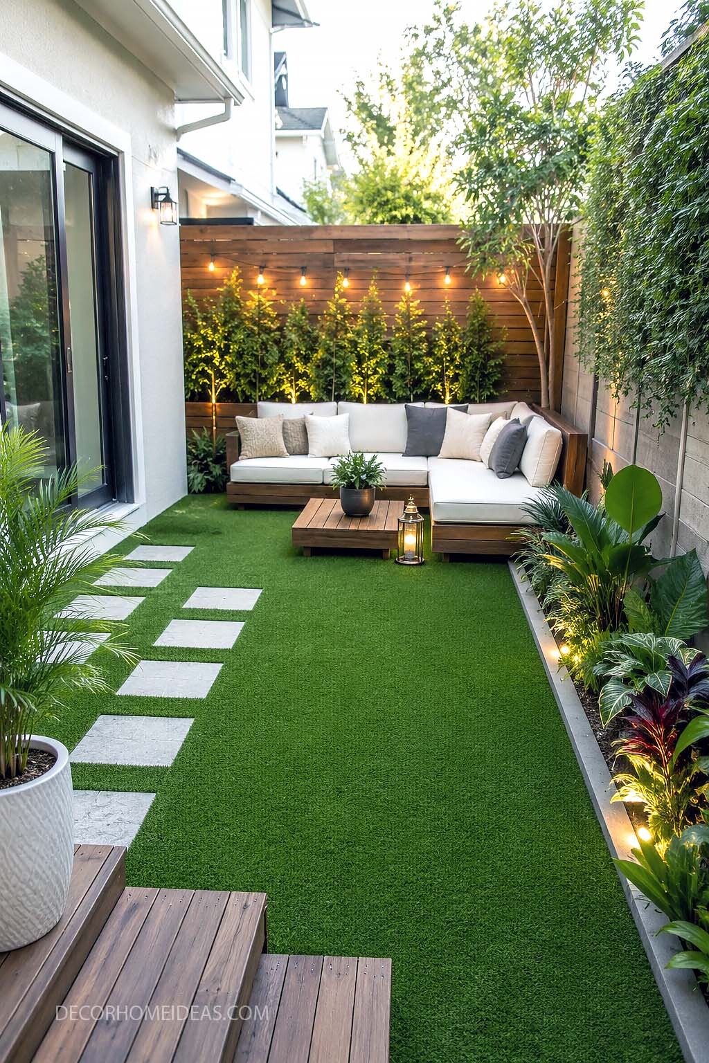 Small Backyard Turf Idea With Cozy Modern Lounge Seating
