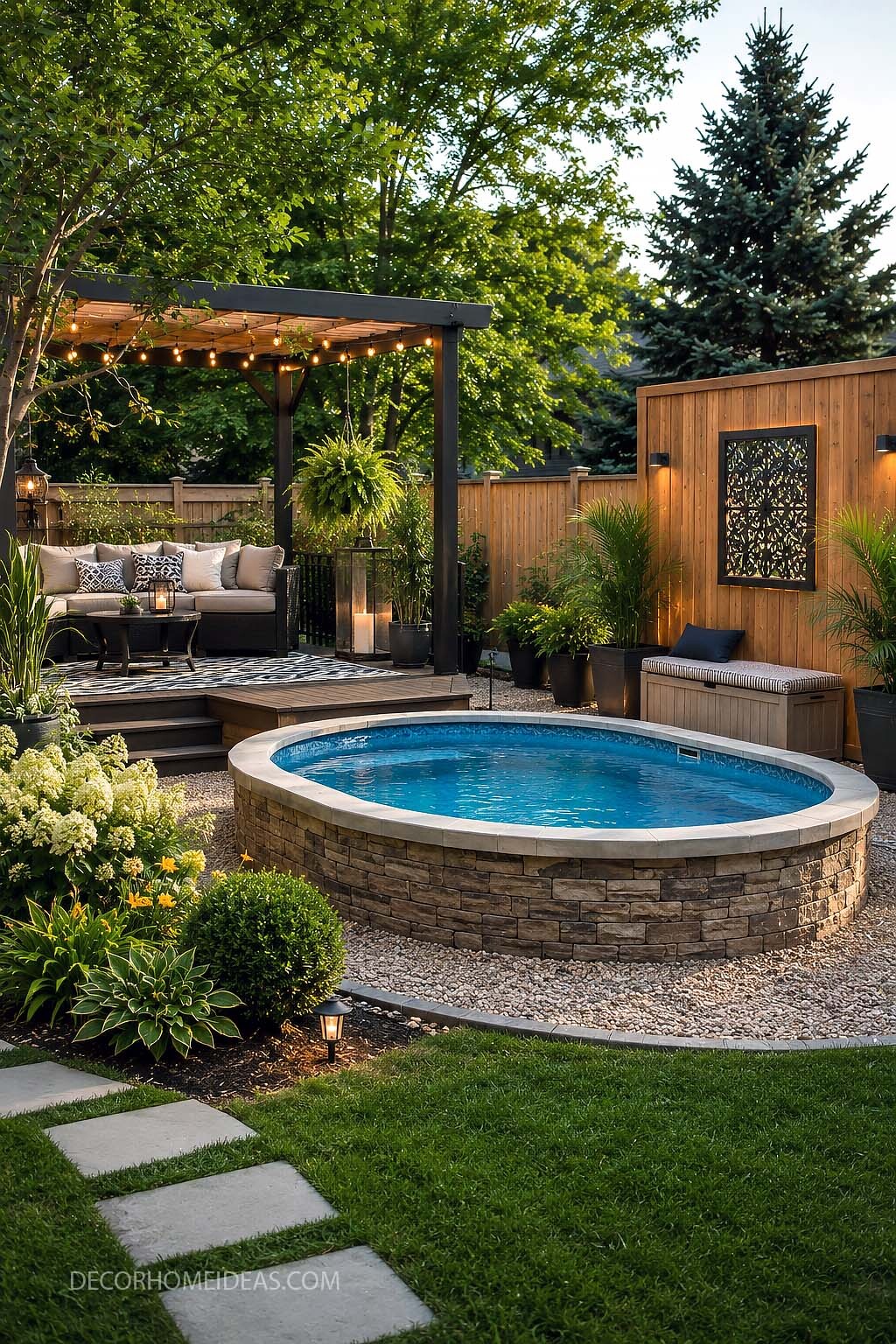 Stylish Above Ground Pool Backyard With Pergola Seating