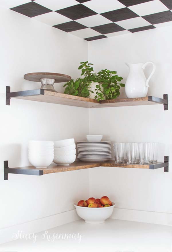 Chic Dark Wood and Iron Corner Shelves #decorhomeideas