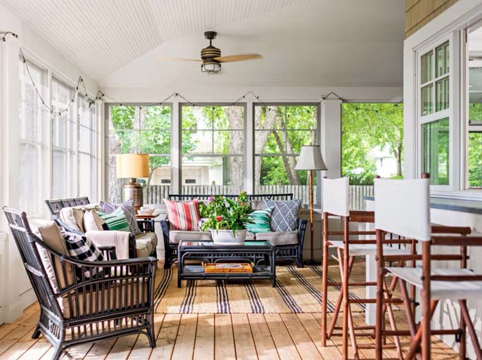 Covered Porch With White Beadboard Ceiling