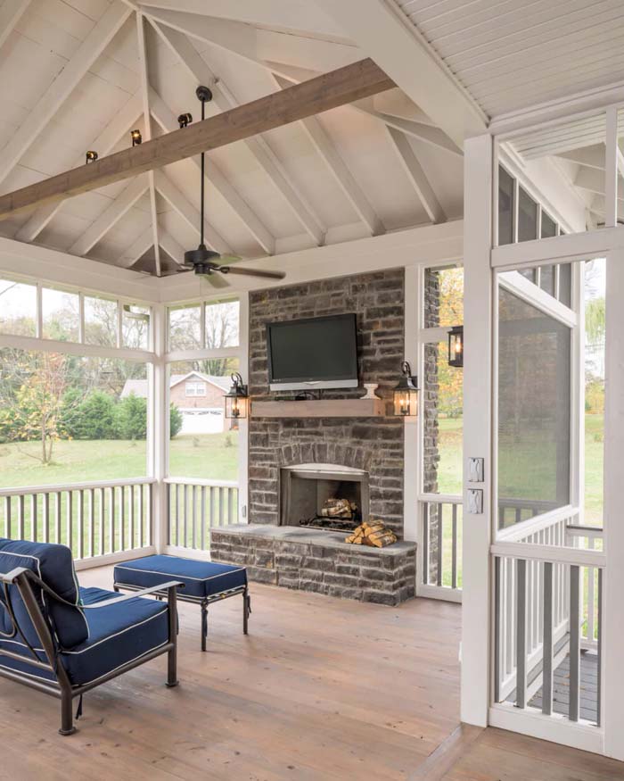 White Porch Ceiling With Stained Exposed Beams