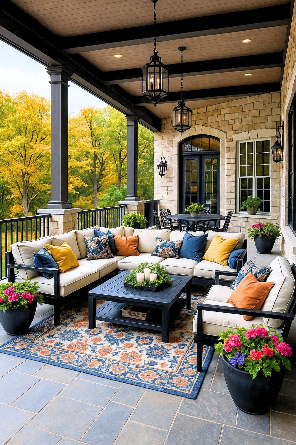 Elegant Covered Patio with Cozy Seating & Autumn Charm 1
