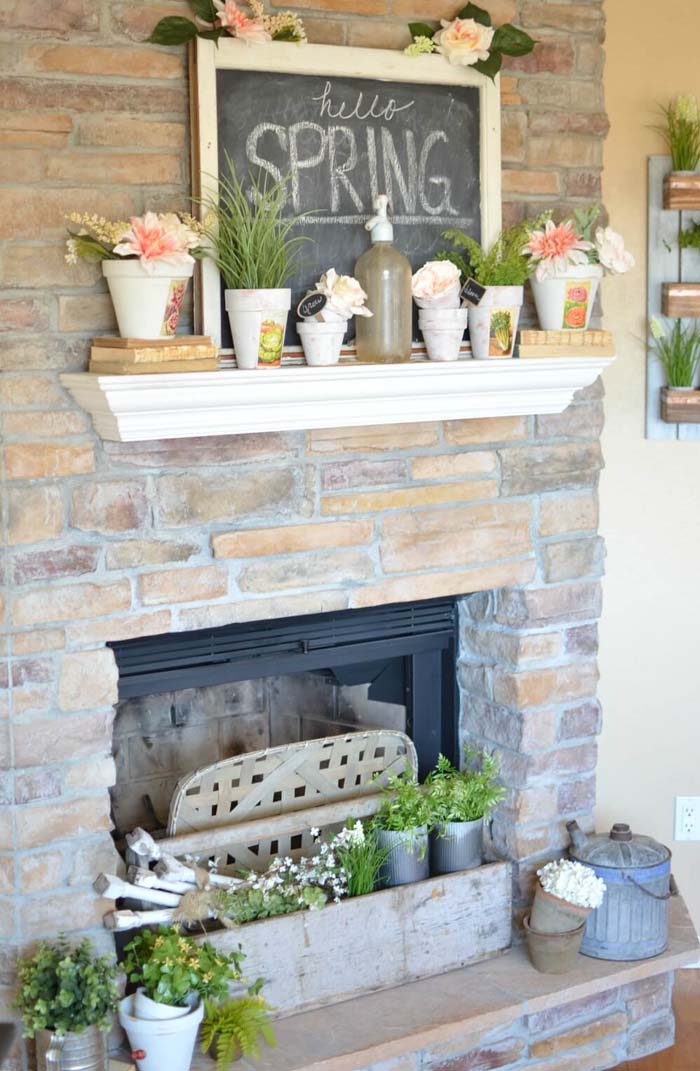 Spring Mantel Decor With A Chalkboard Sign And Fresh Flowers