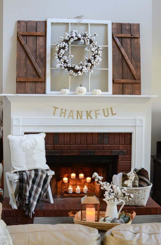Simple Fall Mantel With A Cotton Wreath