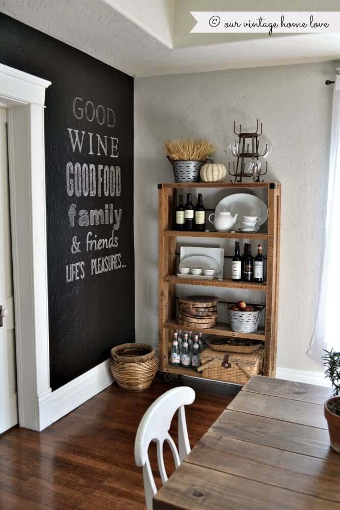 Rustic Shelf Against Black Chalkpaint Wall