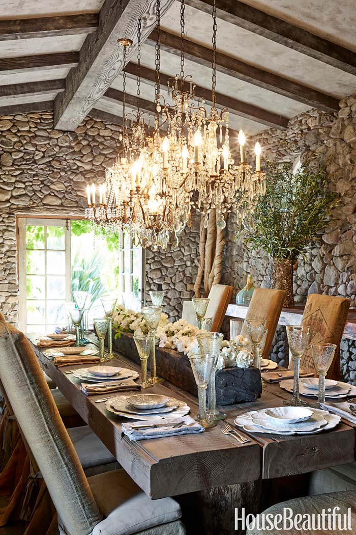 Dining Room With Stone Walls