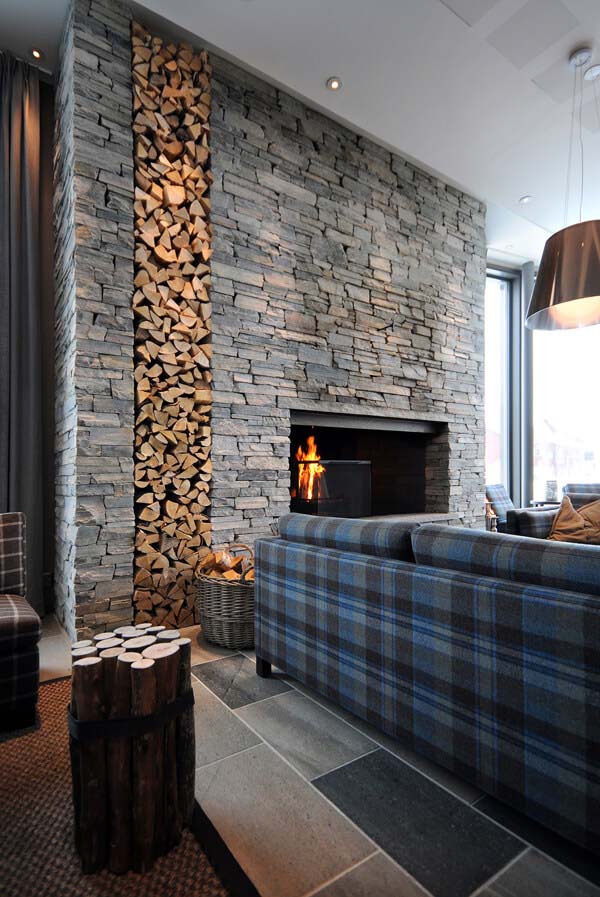 Statement Wall With Grey Stone and Wood Logs In