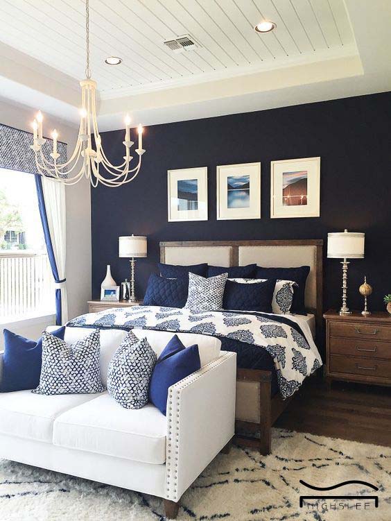 White Shiplap Ceiling With Dark Navy Blue Statement Wall