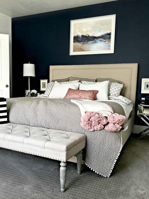 Navy Blue Bedroom With A Landscape Painting