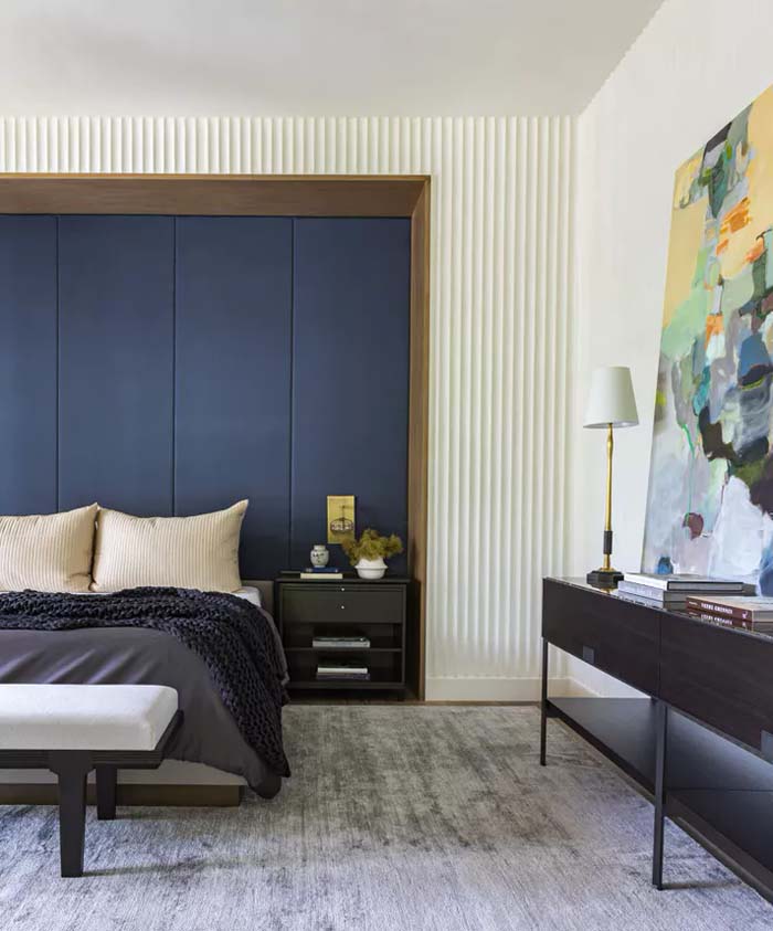 Fabric Navy Blue Panels In The Place Of A Headboard