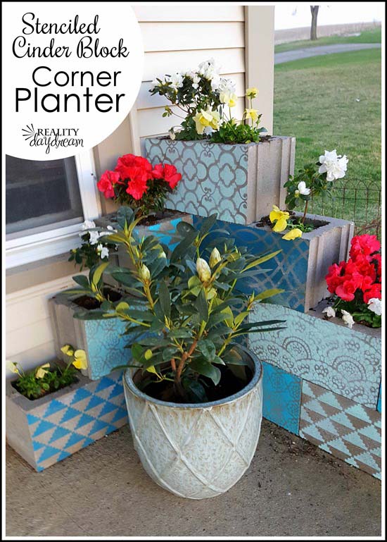 Corner Planter With Stenciled Cinder Blocks