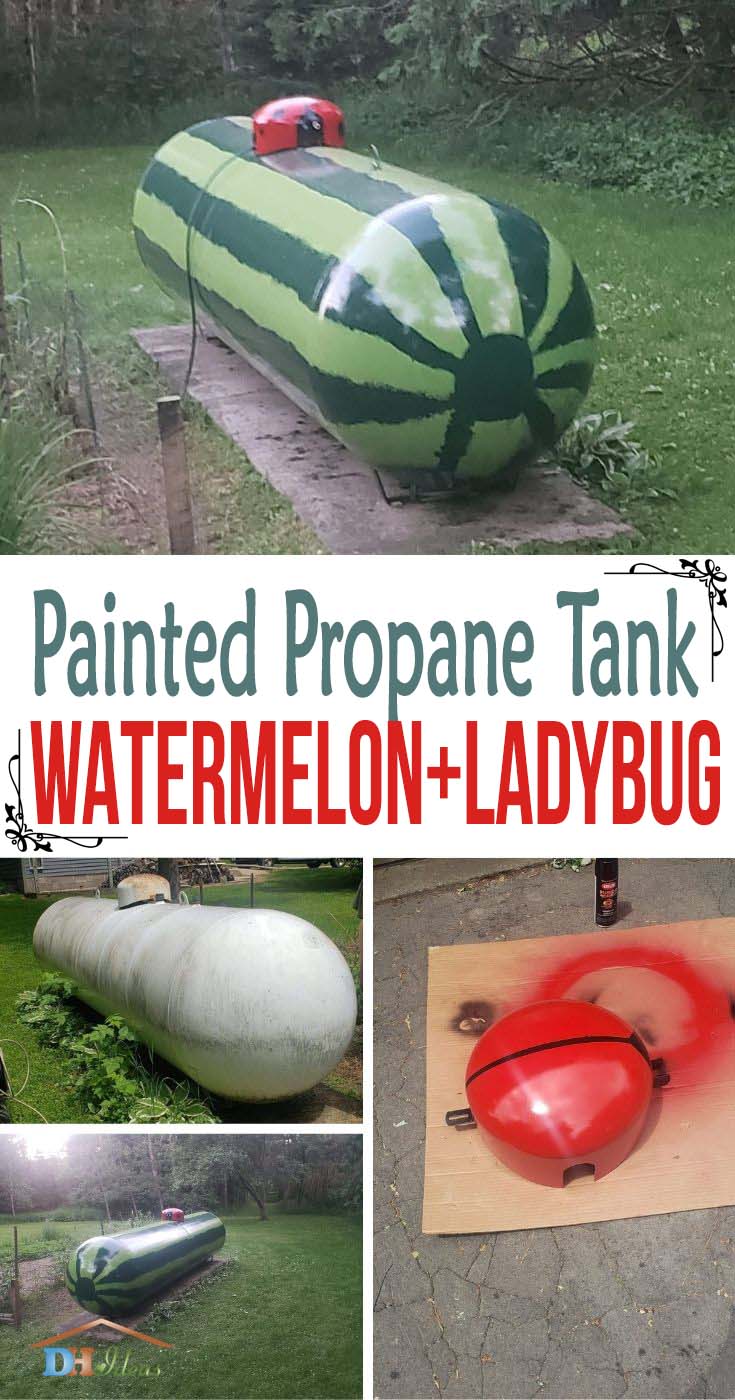 Painted Propane Tank Idea. Wondering what to do with your dull and ugly propane tank? Here is an idea to paint it in watermelon and ladybug colors and create amazing garden art. #decorhomeideas