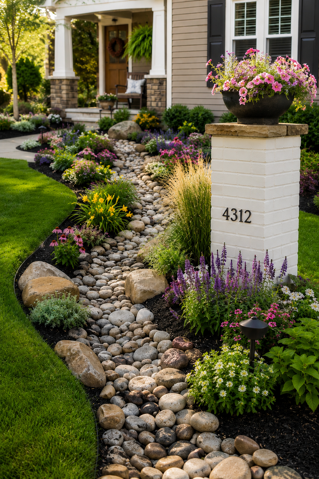 Colorful Front Yard Landscaping With a Dry Creek Bed