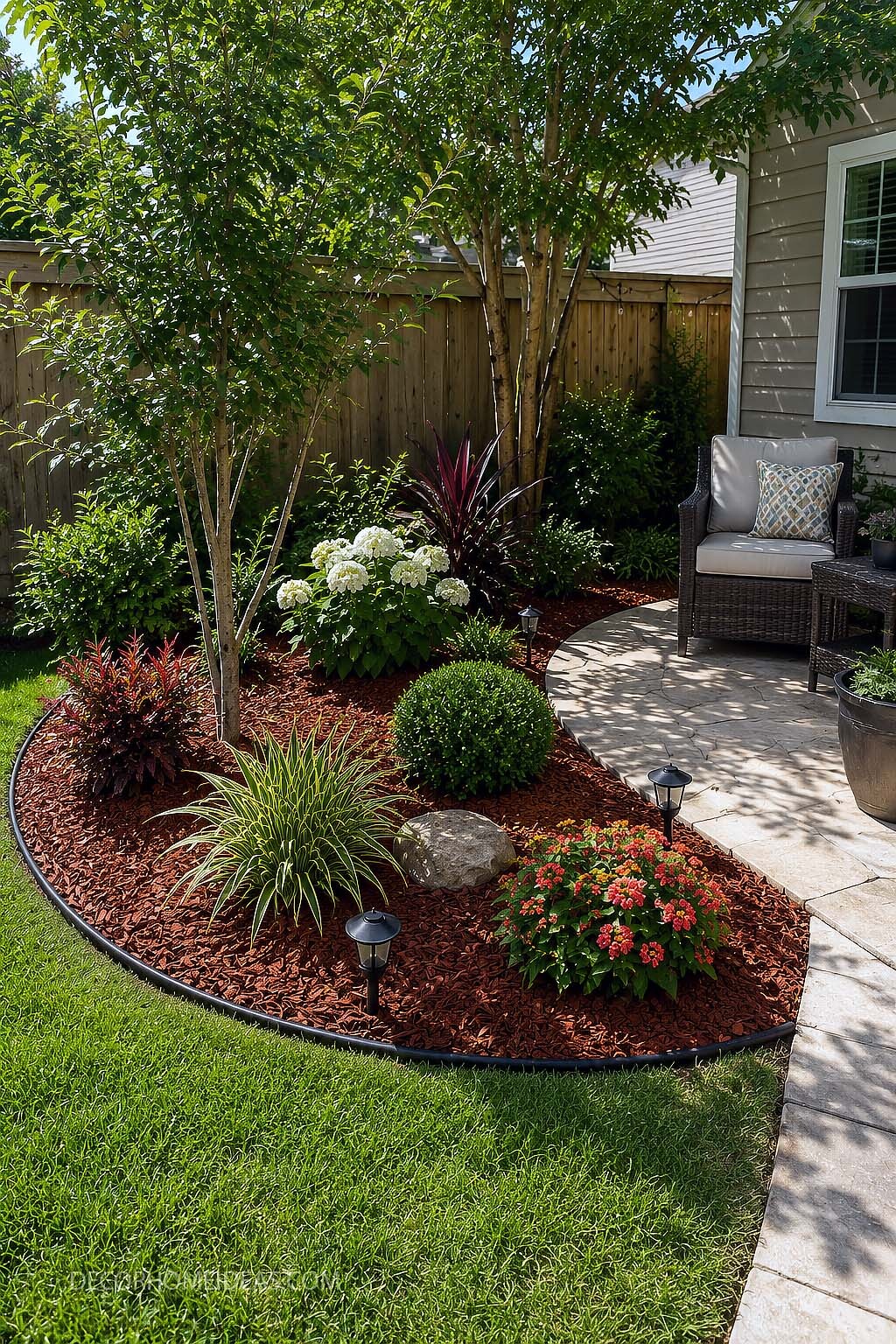 Curved Backyard Mulch Bed With Patio Garden Landscaping
