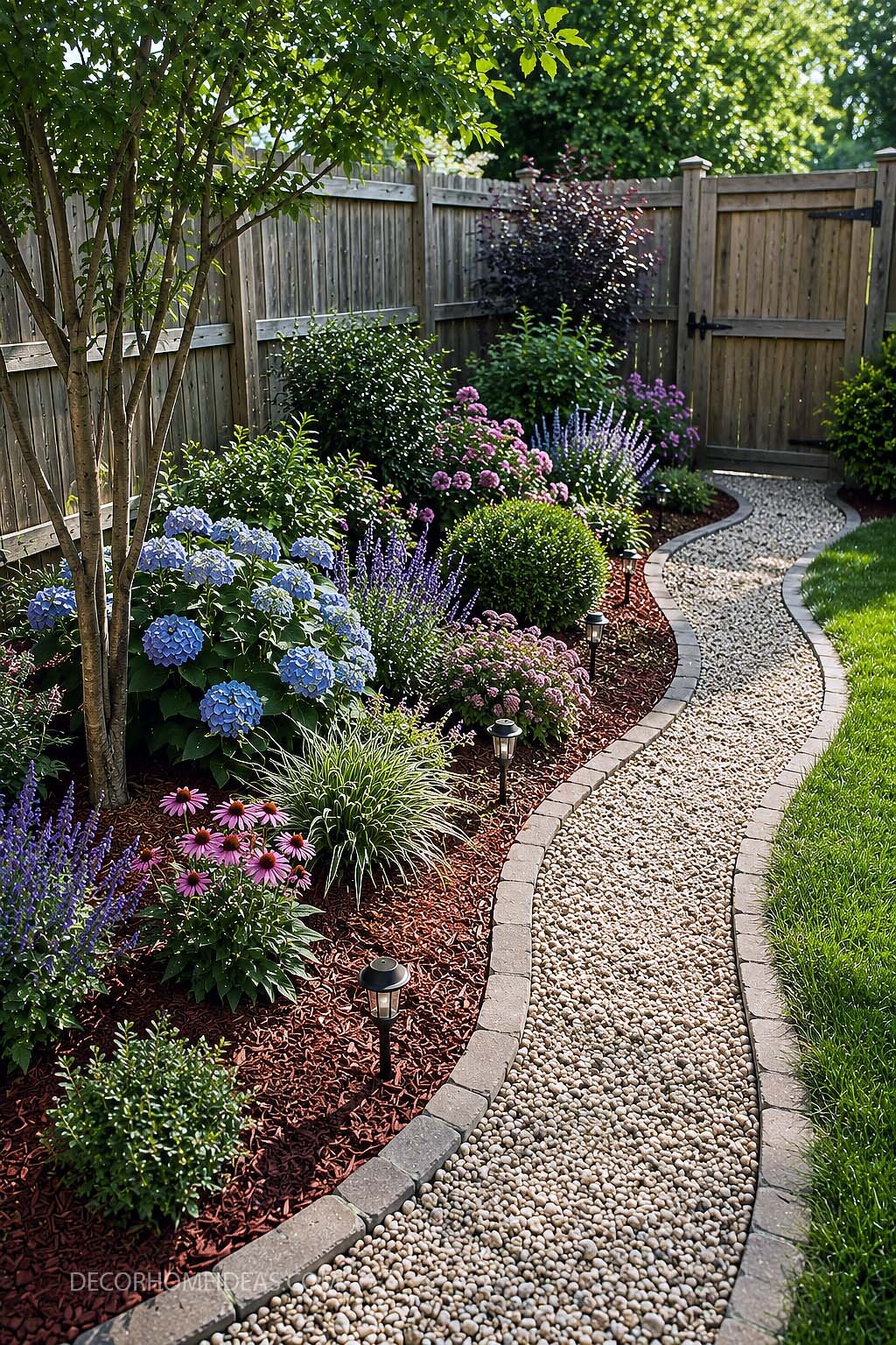 Curved Gravel Garden Path With Hydrangeas and Mulch Border