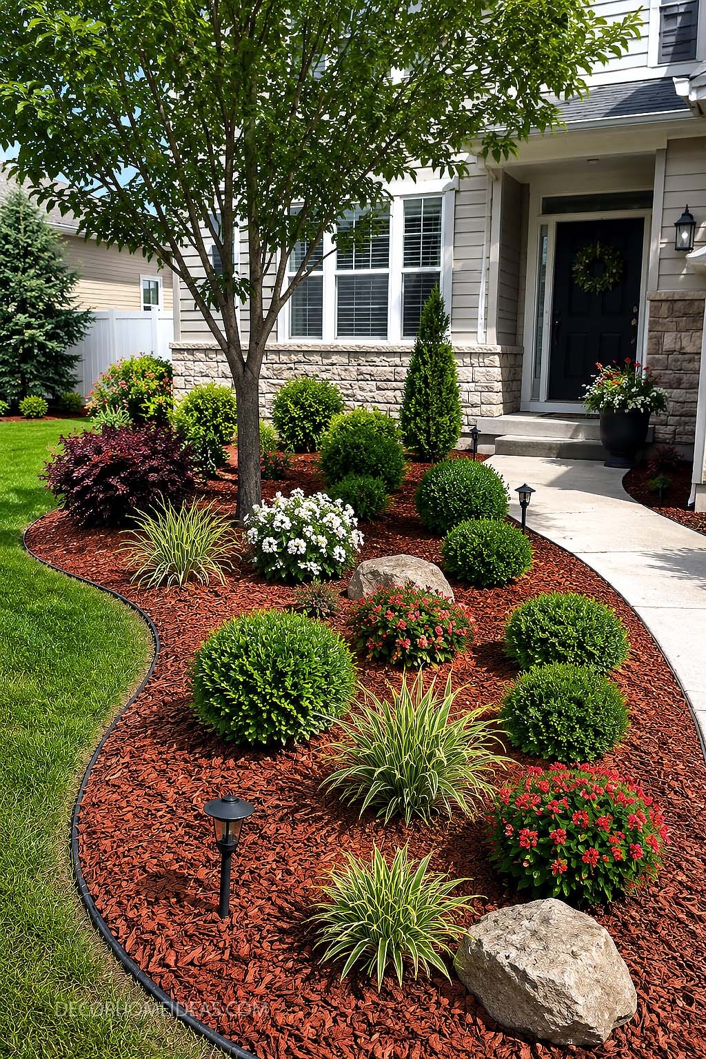 Front Yard Mulch Landscaping With Shrubs and Ornamental Grasses
