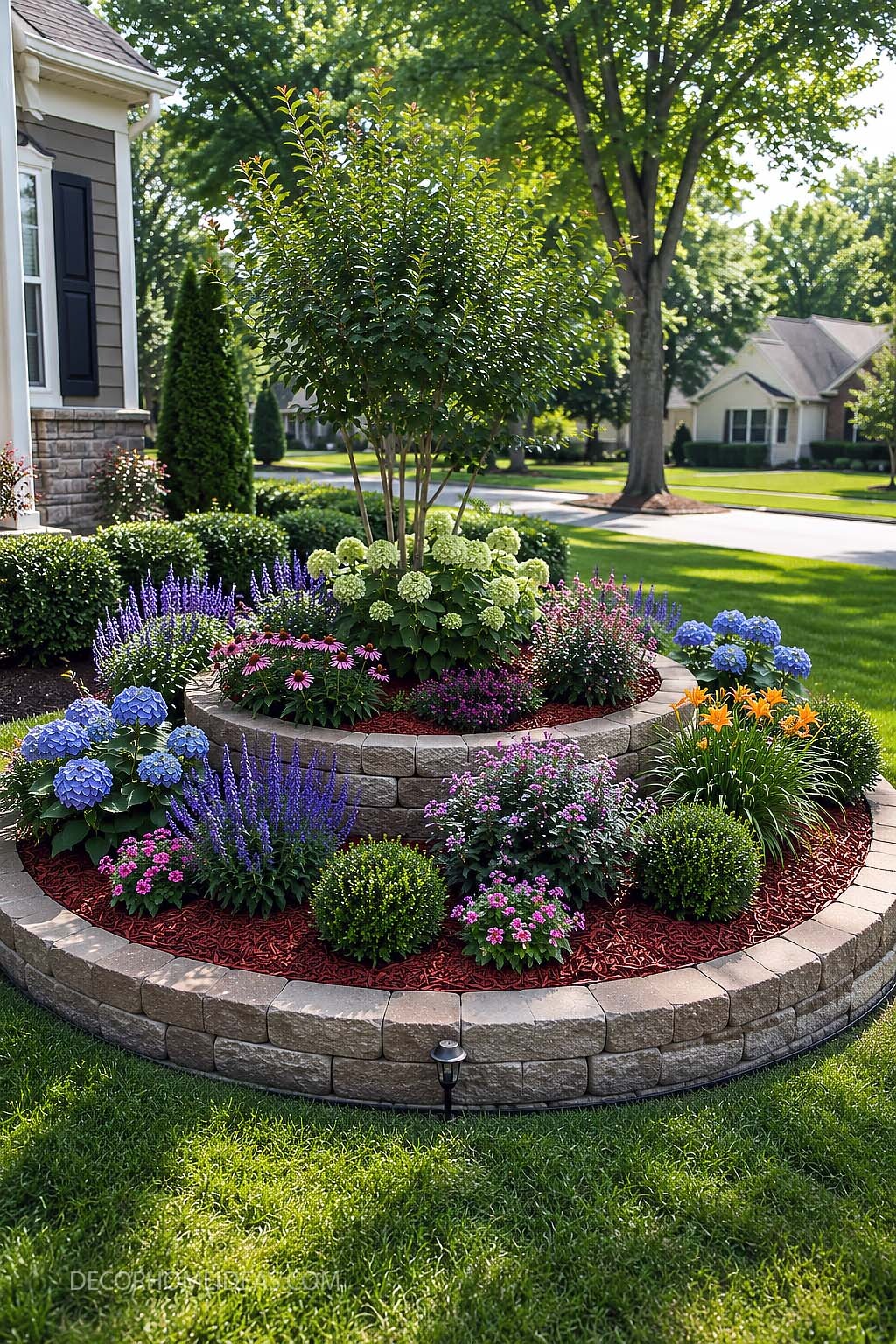 Raised Circular Flower Bed With Tree