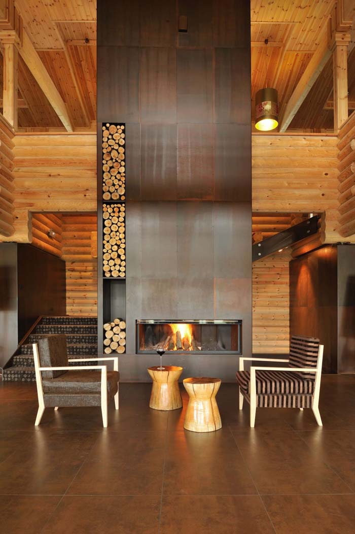 Metal And Wood Fireplace Design