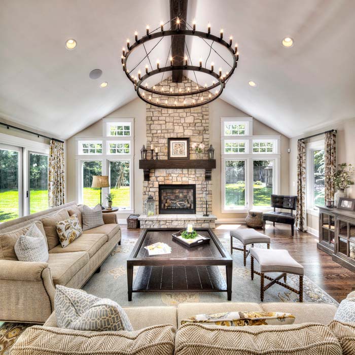 Contemporary Living Room With A Natural Stone Accent Wall