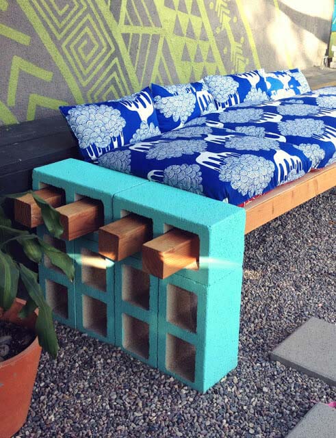 Cinder Block Bench With Recycled Cushions