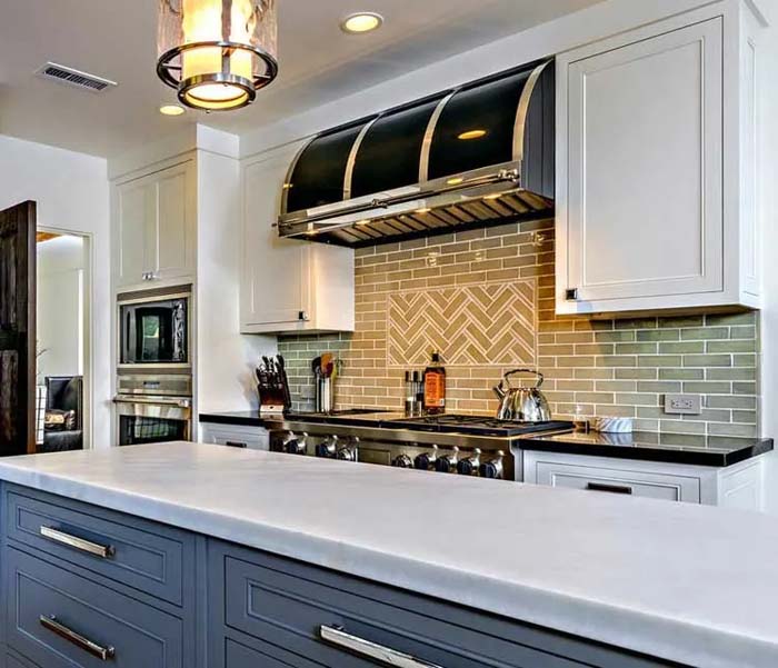 Herringbone Tile Inset In A Brick Tile Backsplash