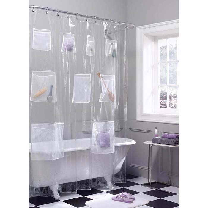 Transparent Shower Curtain With Pockets For Storage