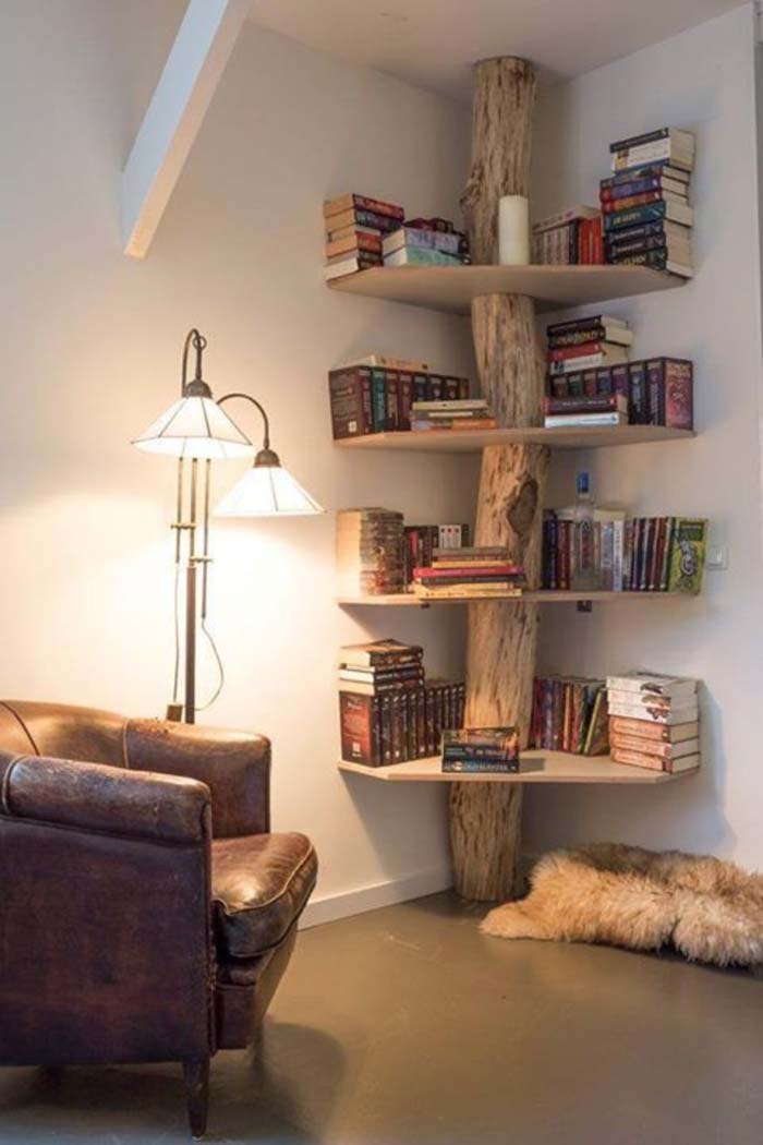 Corner Bookcase With A Log And Plywood