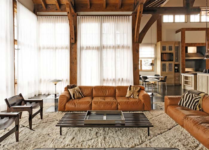Neutral color with brown leather sofa